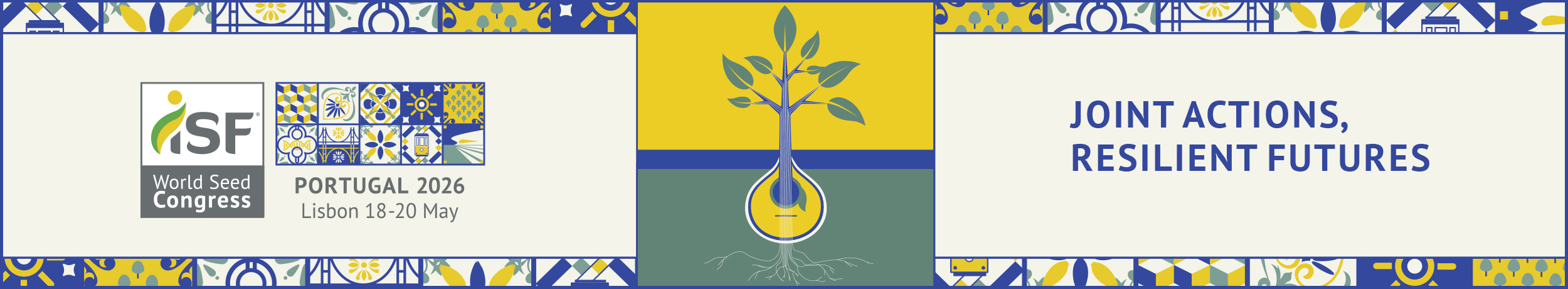 Logo and design for the ISF World Seed Congress 2026 in Lisbon, featuring themes of growth and collaboration for resilient futures.